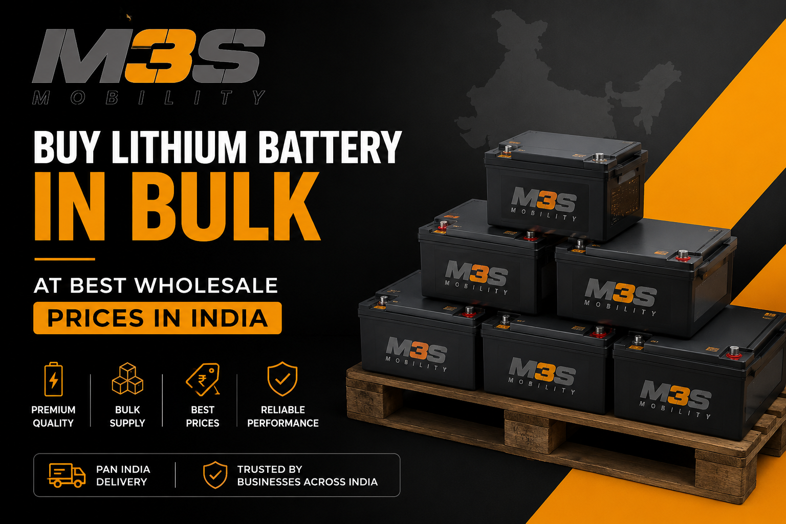 Lithium-ion battery packs stacked in bulk at M3S Mobility wholesale warehouse in India
