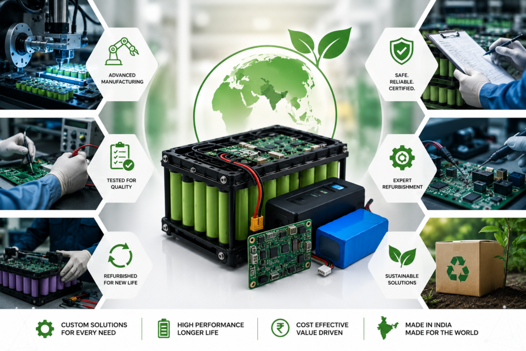 Custom lithium battery pack manufacturing and electronics refurbishment unit in India for EVs and industrial use